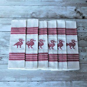 Vintage Guatemalan Embroidered Bird Print Linen Cocktail Picknic Napkins